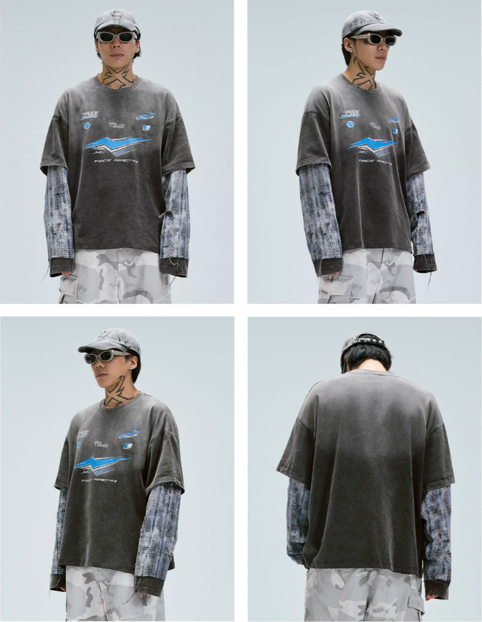 F2CE Washed Racing Patchwork Crackle Printed Long Sleeve Tee