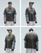 F2CE Washed Racing Patchwork Crackle Printed Long Sleeve Tee