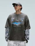 F2CE Washed Racing Patchwork Crackle Printed Long Sleeve Tee