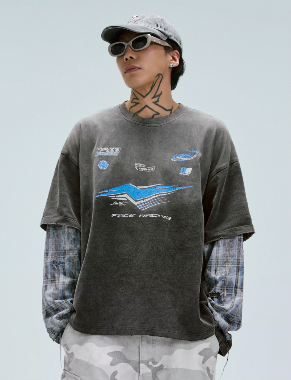 F2CE Washed Racing Patchwork Crackle Printed Long Sleeve Tee