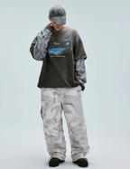 F2CE Washed Racing Patchwork Crackle Printed Long Sleeve Tee