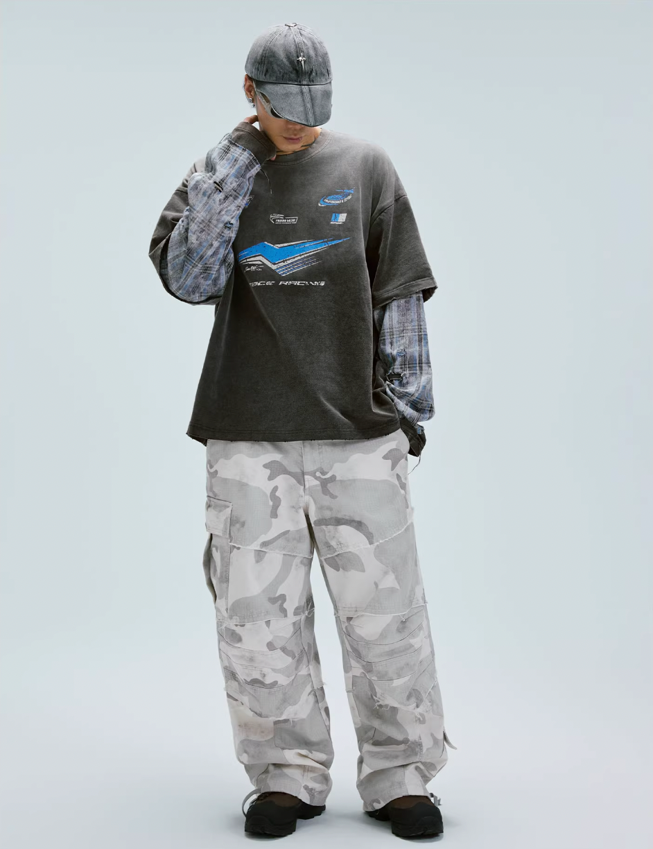 F2CE Washed Racing Patchwork Crackle Printed Long Sleeve Tee