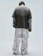 F2CE Washed Racing Patchwork Crackle Printed Long Sleeve Tee
