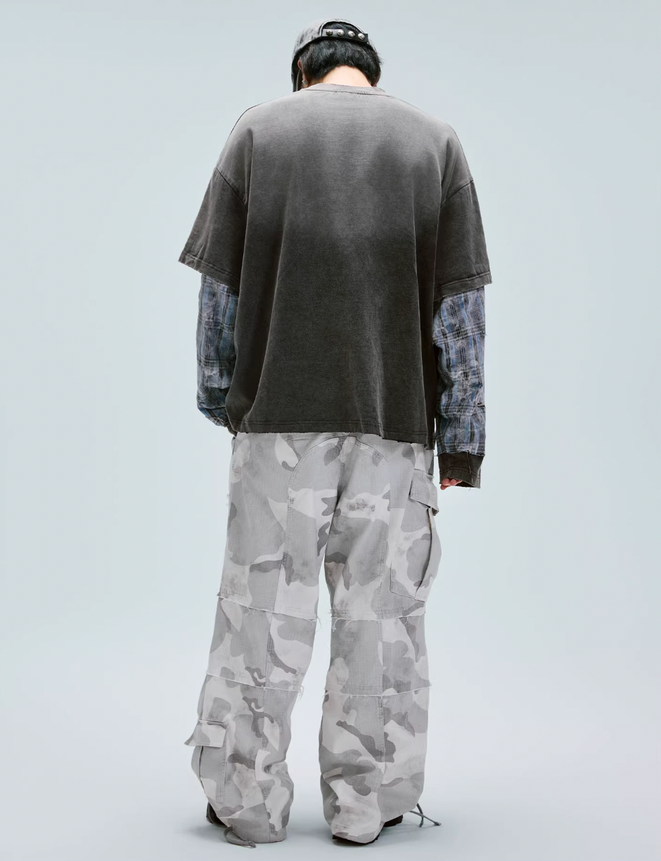 F2CE Washed Racing Patchwork Crackle Printed Long Sleeve Tee