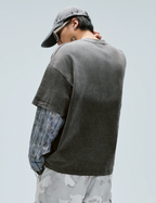 F2CE Washed Racing Patchwork Crackle Printed Long Sleeve Tee