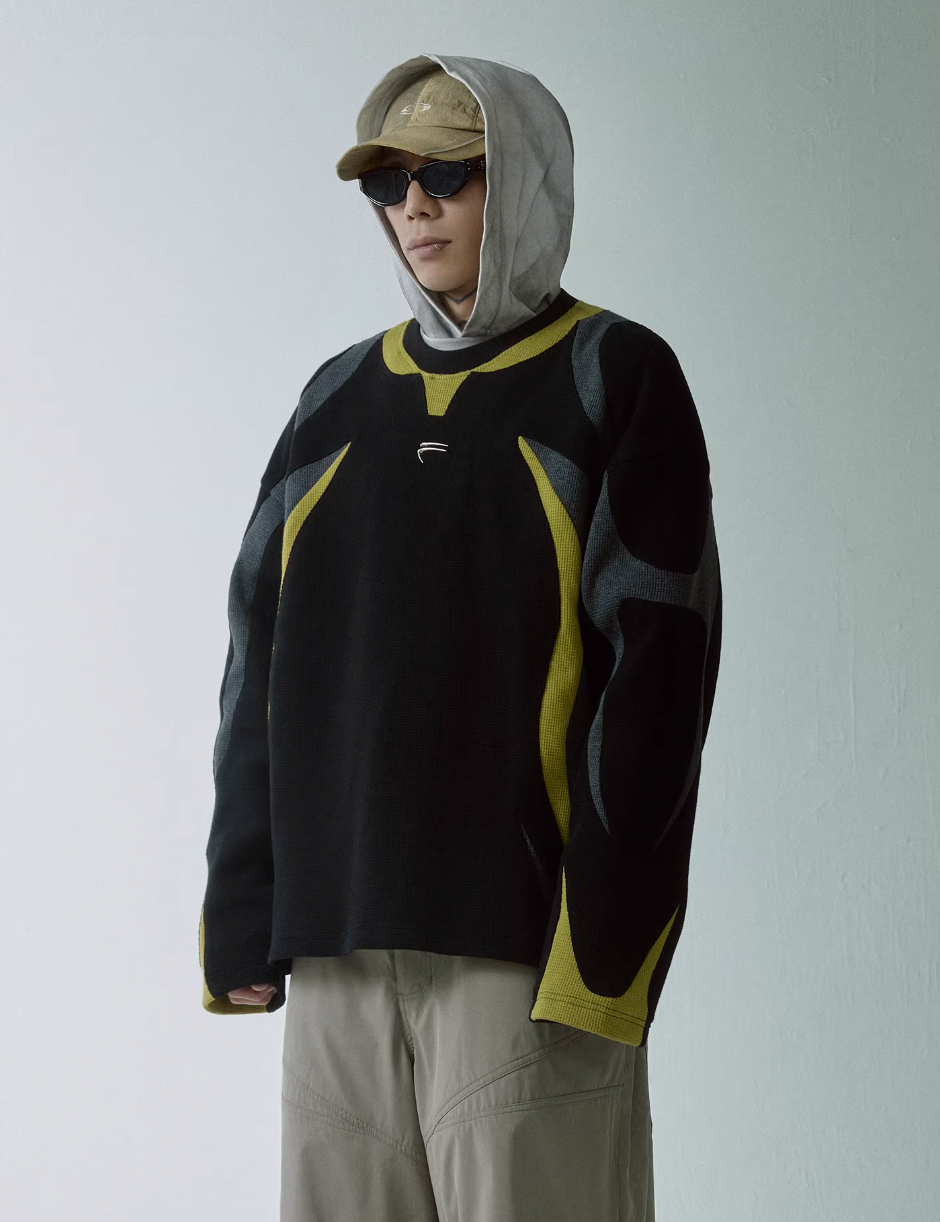 F2CE Deconstructed Clashing Color Waffle Sweatshirt