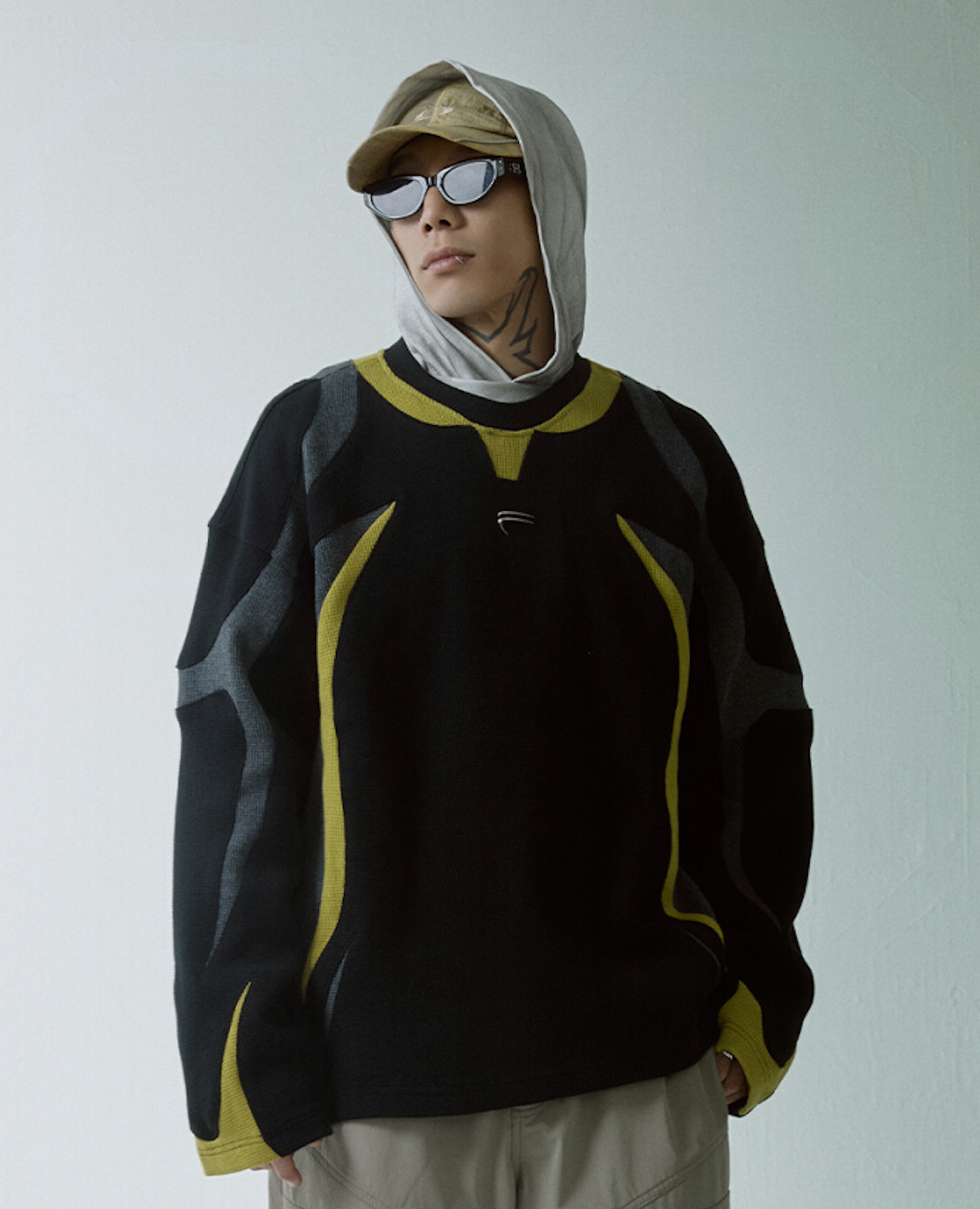 F2CE Deconstructed Clashing Color Waffle Sweatshirt