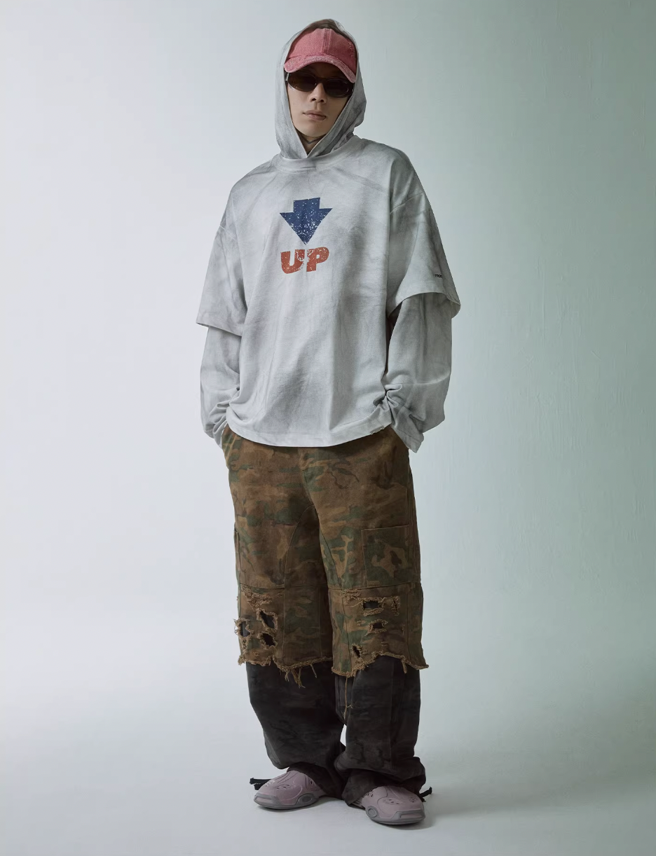 F2CE Dirty Dye Printed Fake Two-Piece Layering Hoodie