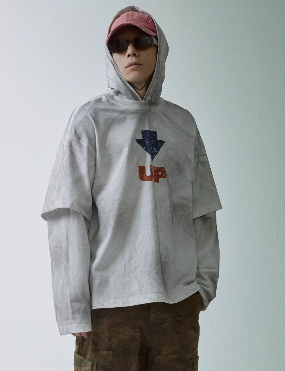 F2CE Dirty Dye Printed Fake Two-Piece Layering Hoodie