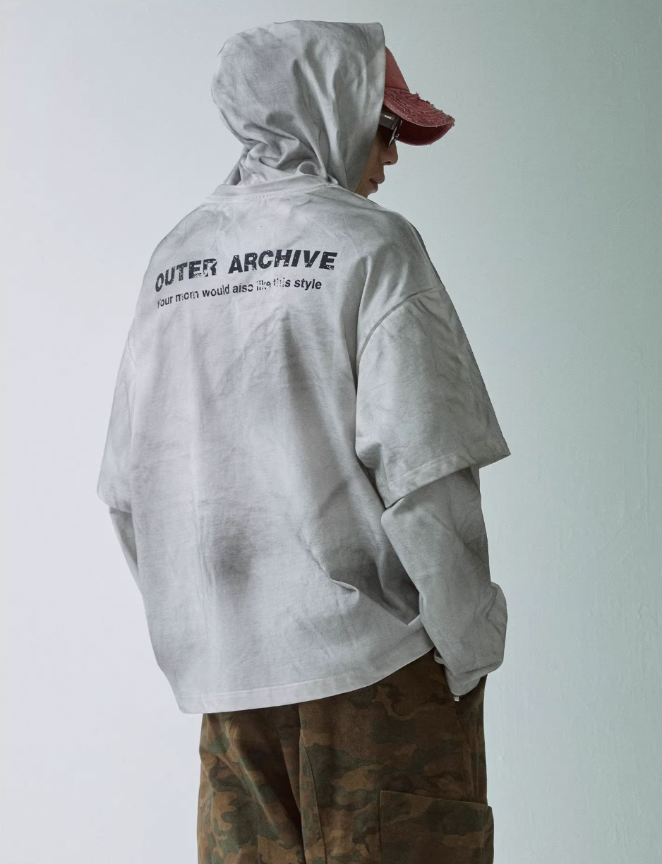 F2CE Dirty Dye Printed Fake Two-Piece Layering Hoodie
