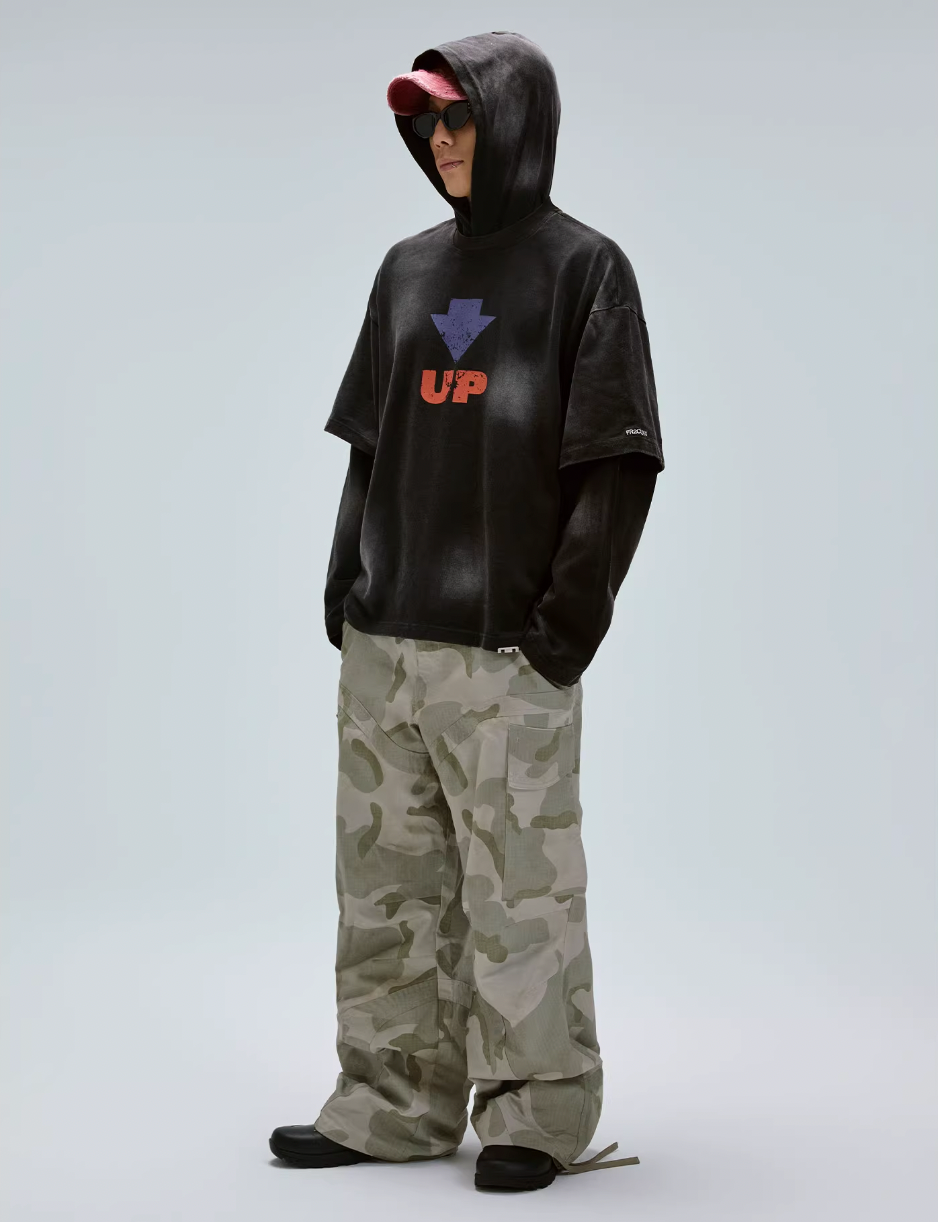 F2CE Dirty Dye Printed Fake Two-Piece Layering Hoodie