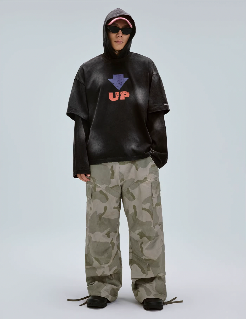 F2CE Dirty Dye Printed Fake Two-Piece Layering Hoodie
