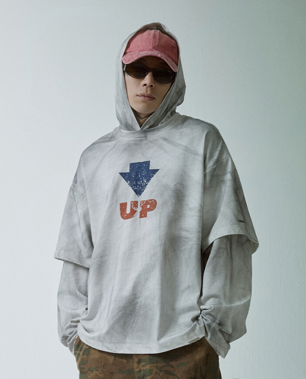 F2CE Dirty Dye Printed Fake Two-Piece Layering Hoodie