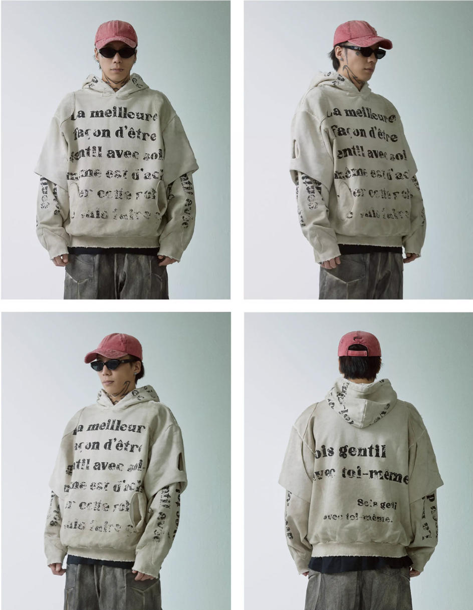 F2CE Dirty Dye Double Layer Printed Hoodie