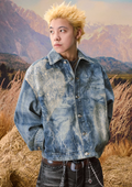 YADcrew Lace Peace Dove Faux Distressed Washed Print Denim Jacket