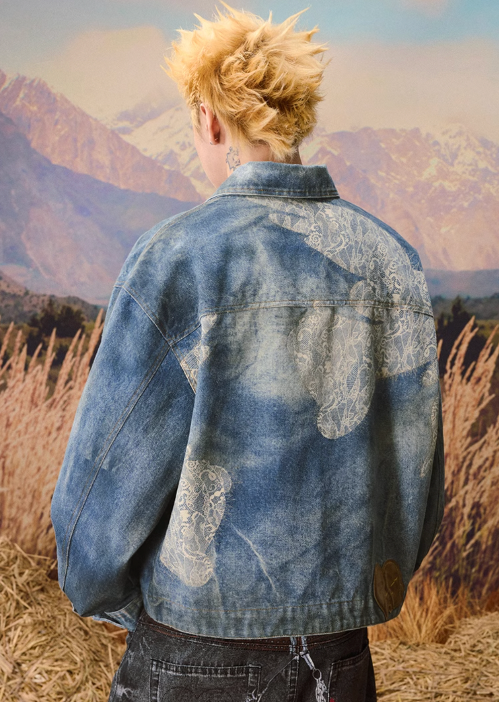 YADcrew Lace Peace Dove Faux Distressed Washed Print Denim Jacket