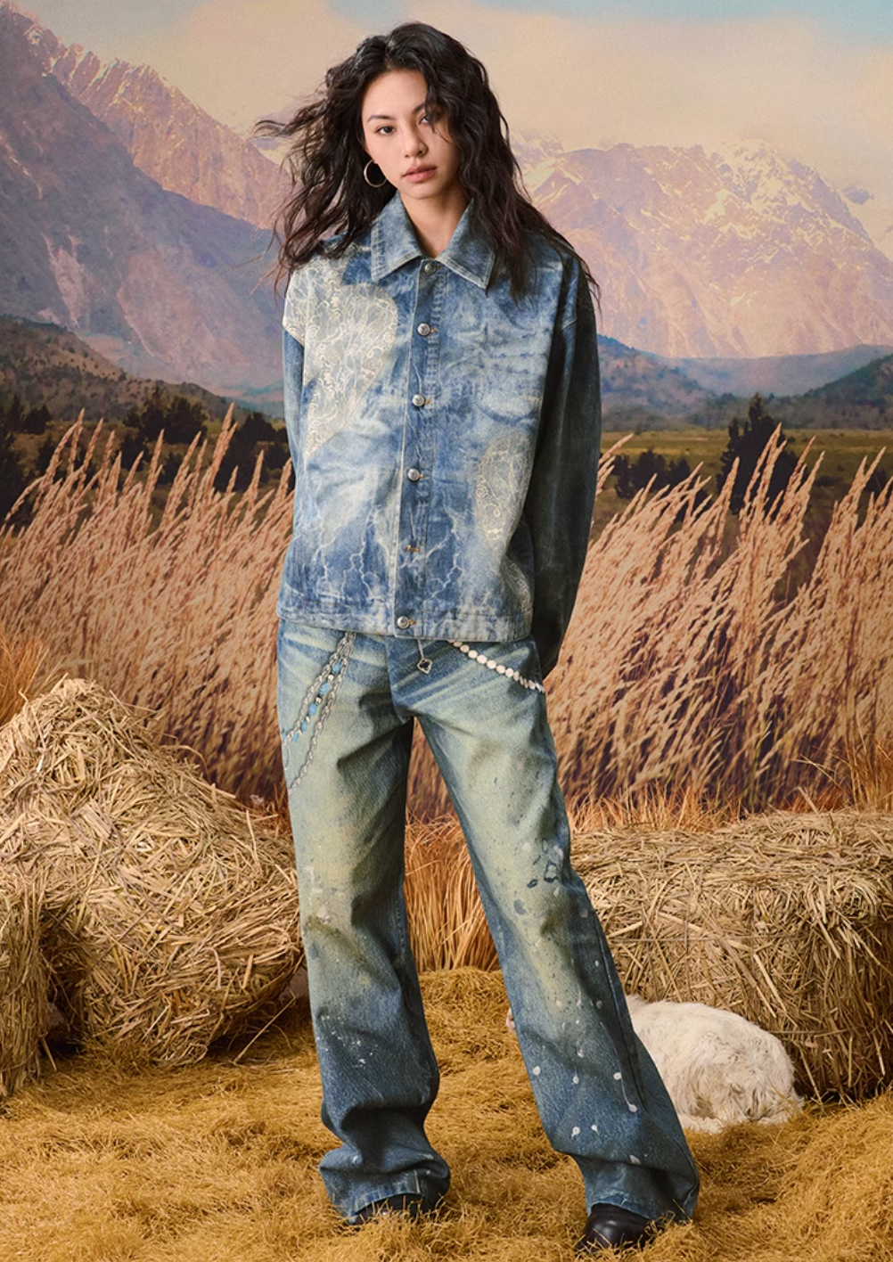 YADcrew Lace Peace Dove Faux Distressed Washed Print Denim Jacket