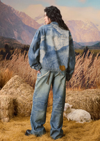 YADcrew Lace Peace Dove Faux Distressed Washed Print Denim Jacket