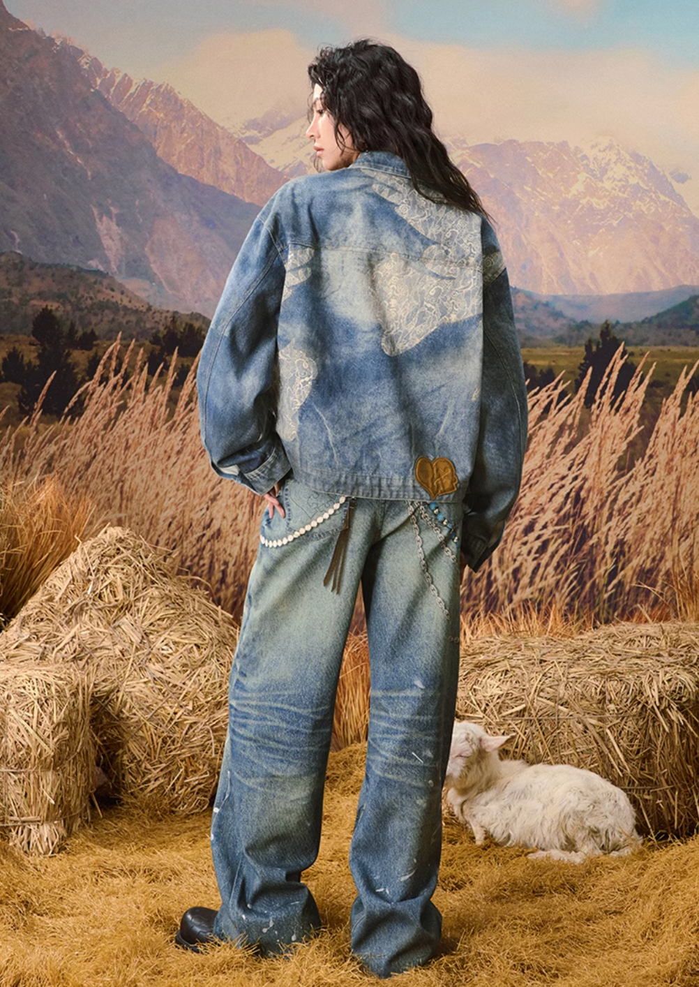 YADcrew Lace Peace Dove Faux Distressed Washed Print Denim Jacket