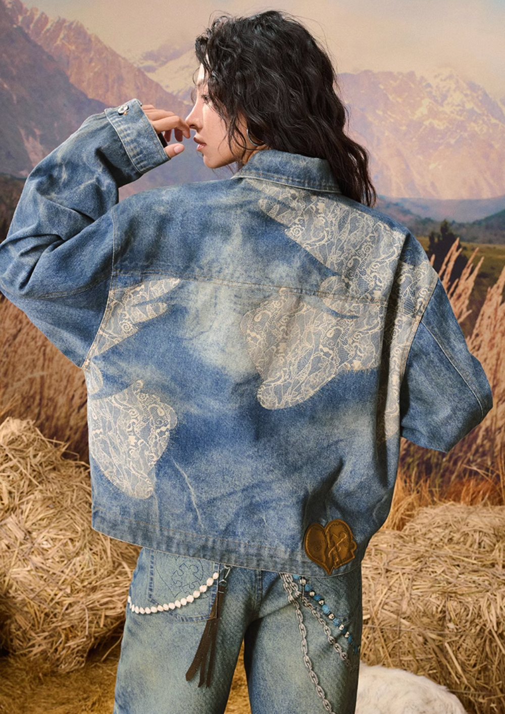 YADcrew Lace Peace Dove Faux Distressed Washed Print Denim Jacket