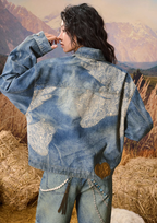 YADcrew Lace Peace Dove Faux Distressed Washed Print Denim Jacket