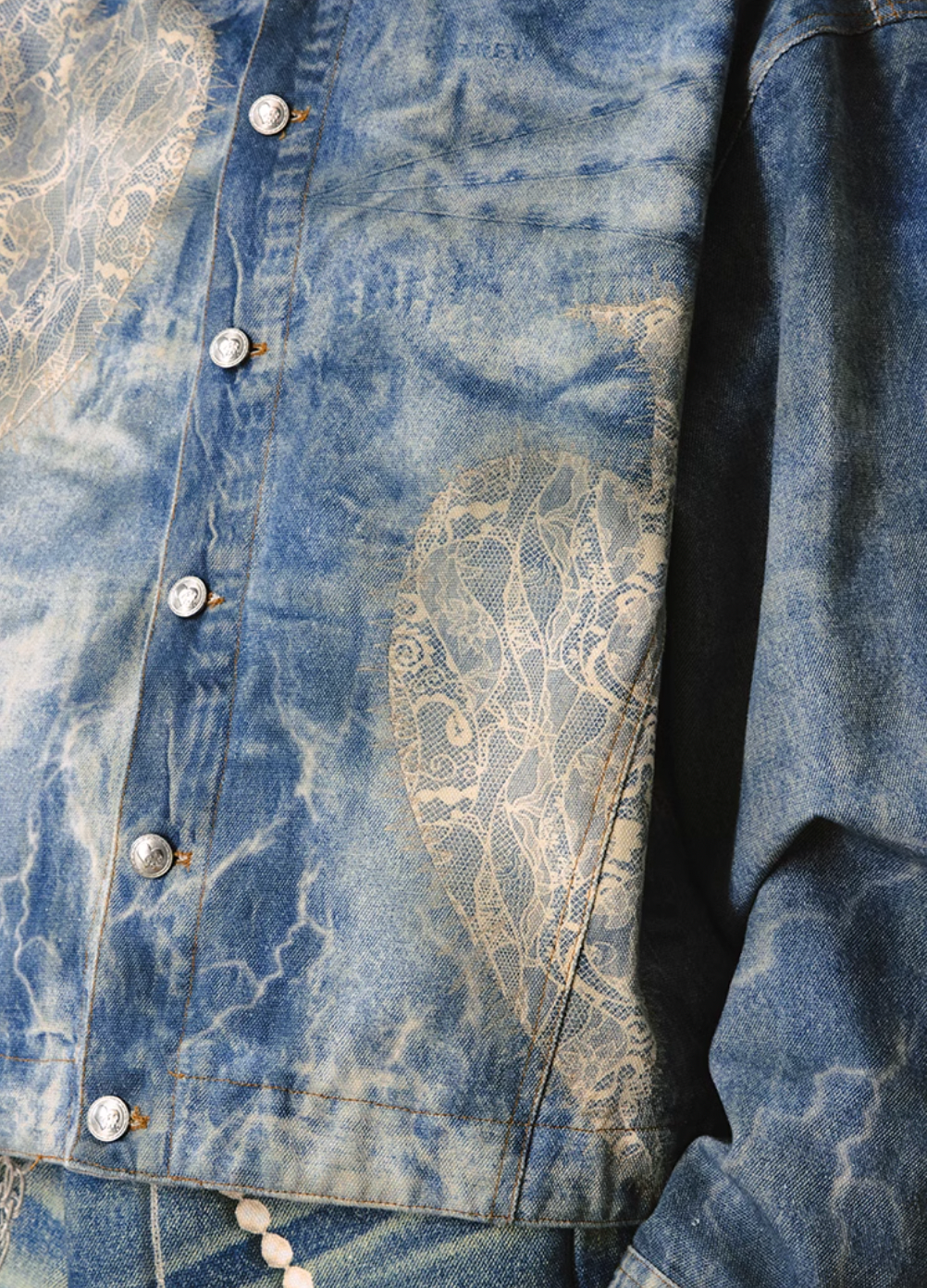 YADcrew Lace Peace Dove Faux Distressed Washed Print Denim Jacket