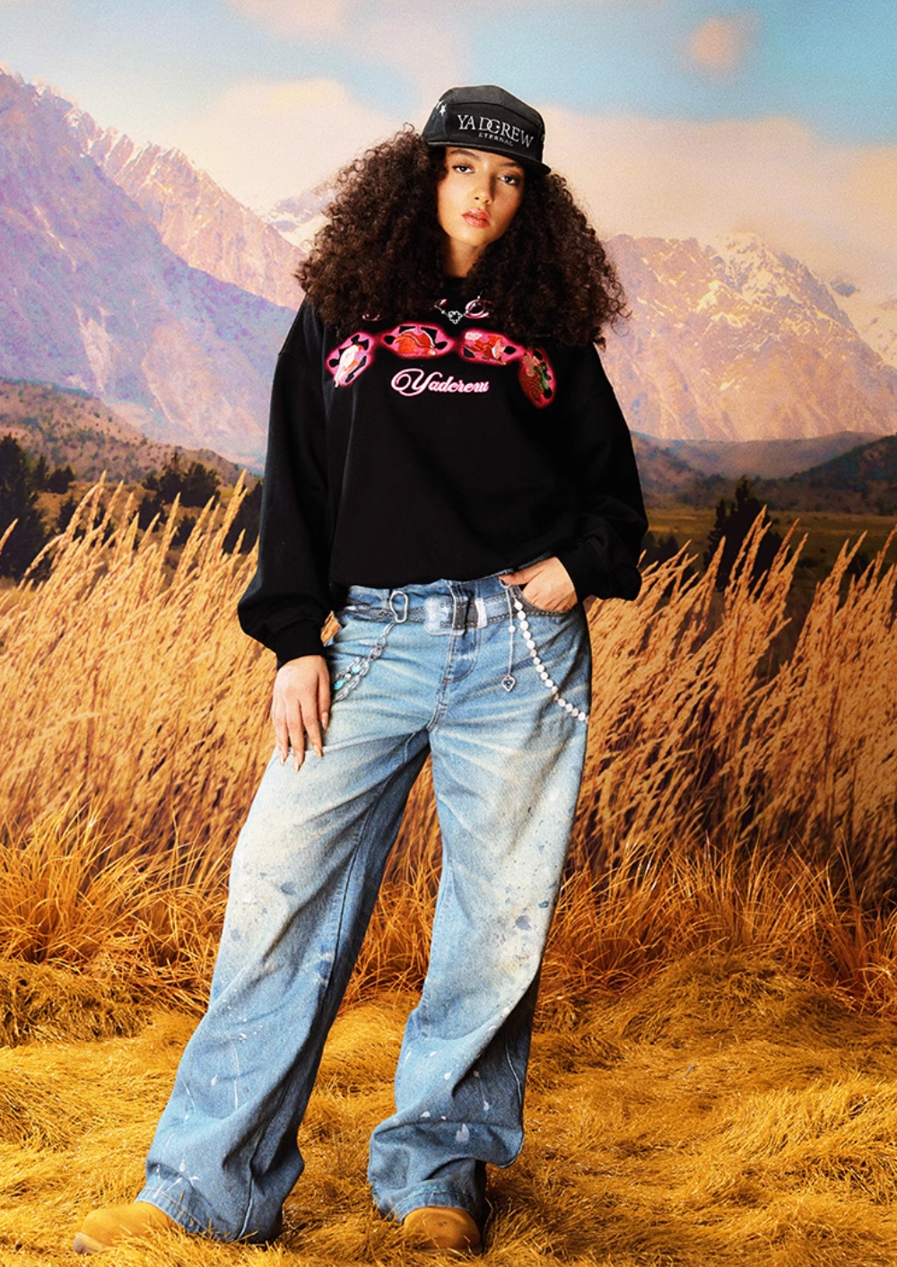 YADcrew Cream Strawberry Puzzle 3D Embroidery Sweatshirt