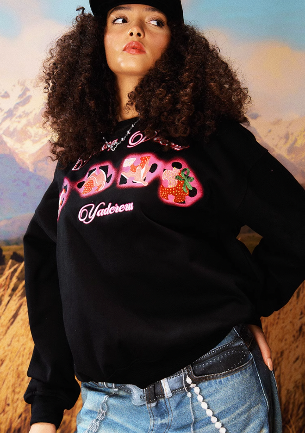 YADcrew Cream Strawberry Puzzle 3D Embroidery Sweatshirt