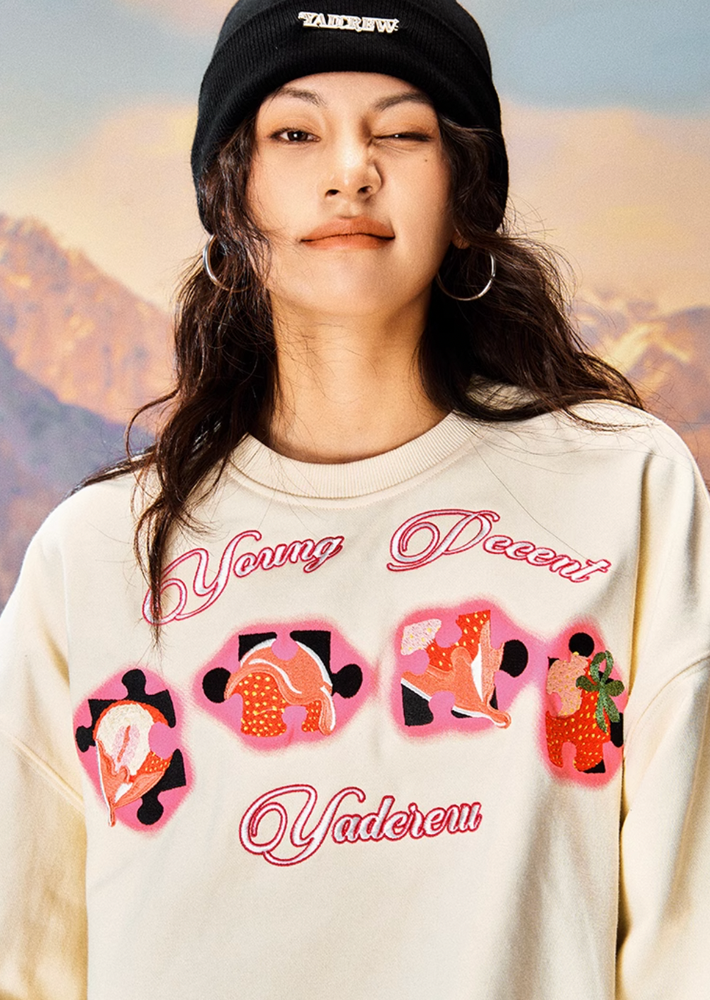 YADcrew Cream Strawberry Puzzle 3D Embroidery Sweatshirt