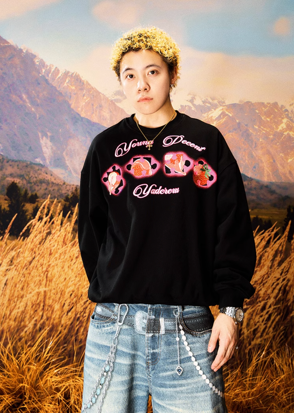 YADcrew Cream Strawberry Puzzle 3D Embroidery Sweatshirt