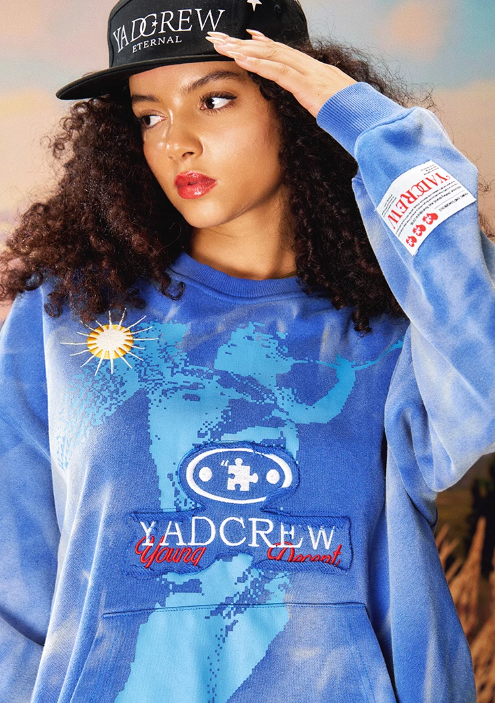 YADcrew Washed Patch Angel Embroidery Printed Sweatshirt