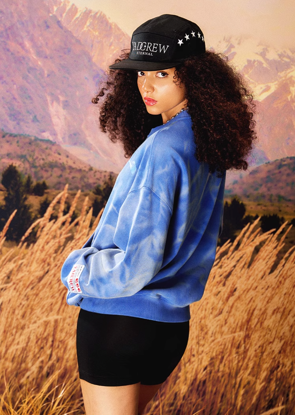 YADcrew Washed Patch Angel Embroidery Printed Sweatshirt