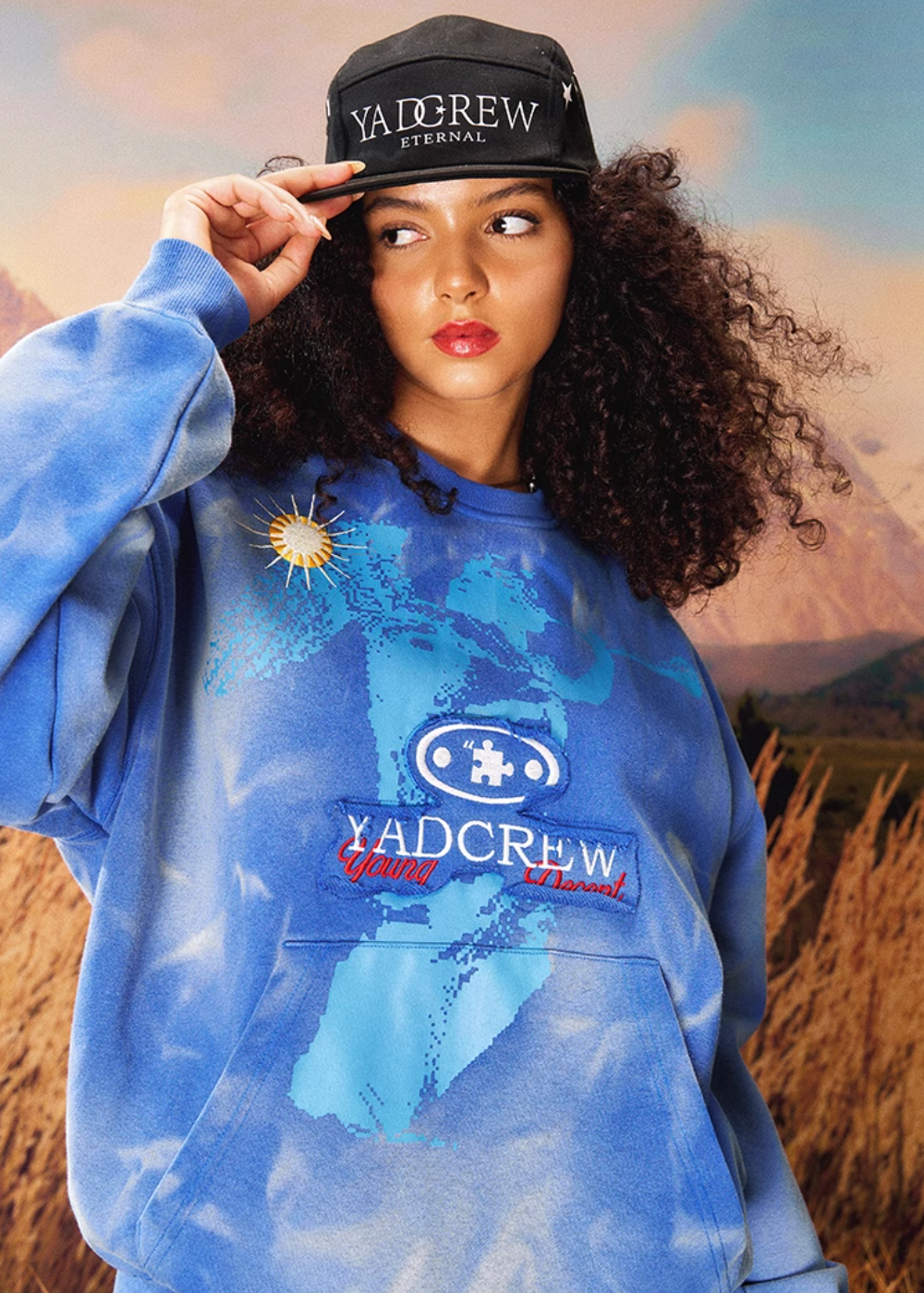 YADcrew Washed Patch Angel Embroidery Printed Sweatshirt