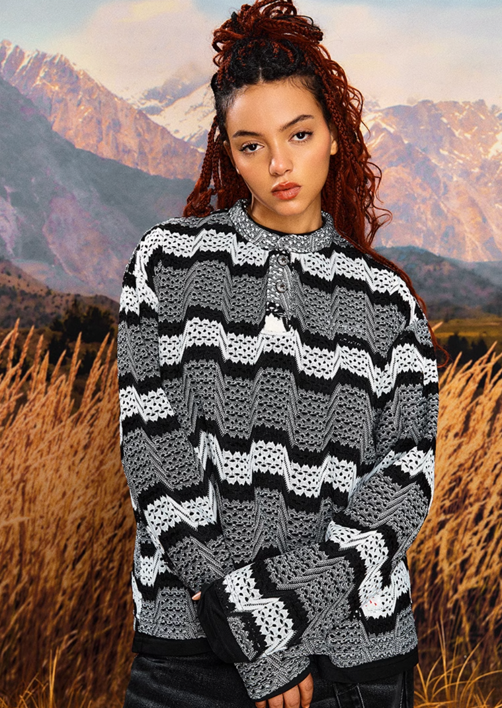 YADcrew Geometric Stripe Henley Neck Long Sleeve Knit Sweater