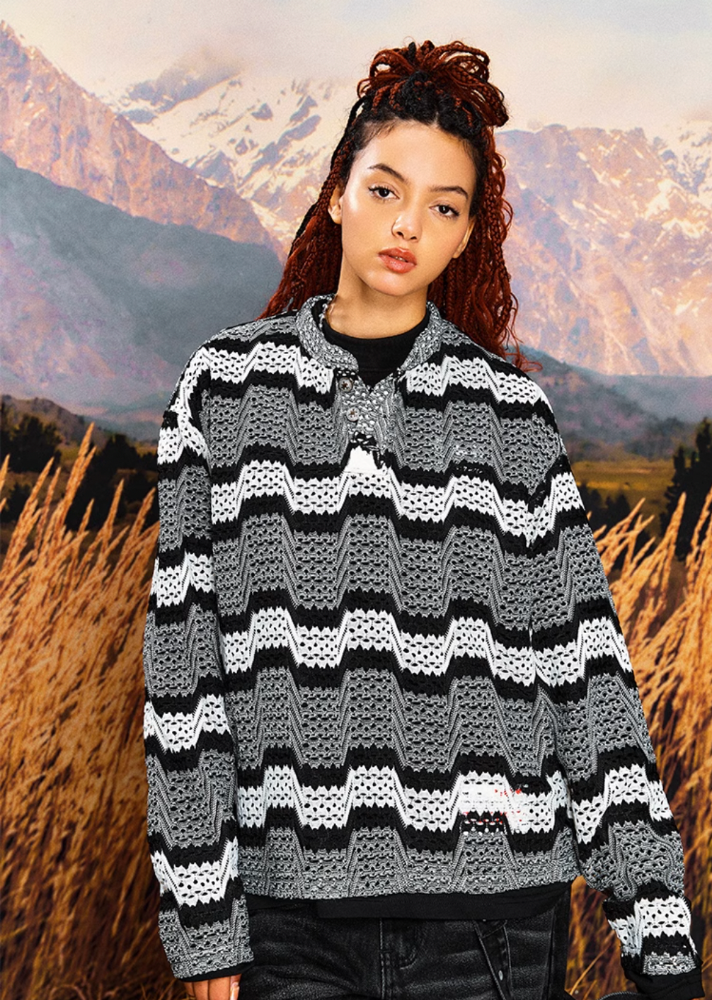 YADcrew Geometric Stripe Henley Neck Long Sleeve Knit Sweater