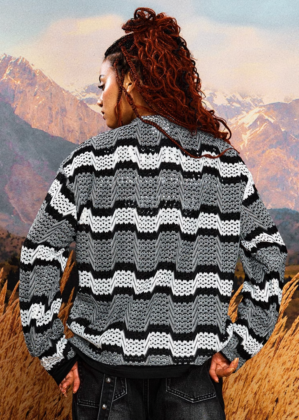 YADcrew Geometric Stripe Henley Neck Long Sleeve Knit Sweater