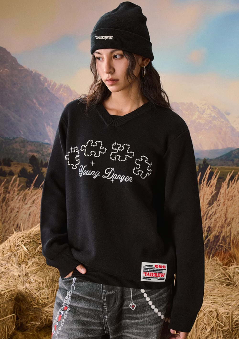 YADcrew Puzzle Pearl Jacquard Slogan Knit Sweater