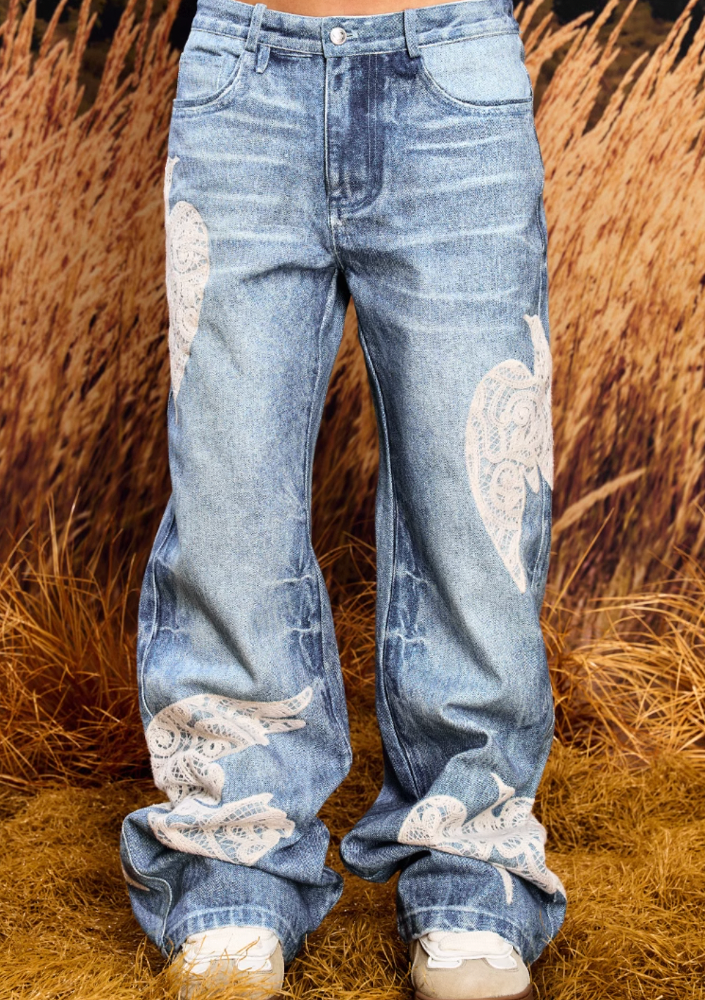 YADcrew Lace Peace Dove Patch Embroidery Print Jeans