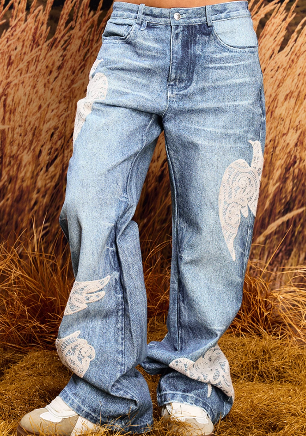 YADcrew Lace Peace Dove Patch Embroidery Print Jeans