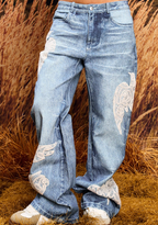 YADcrew Lace Peace Dove Patch Embroidery Print Jeans
