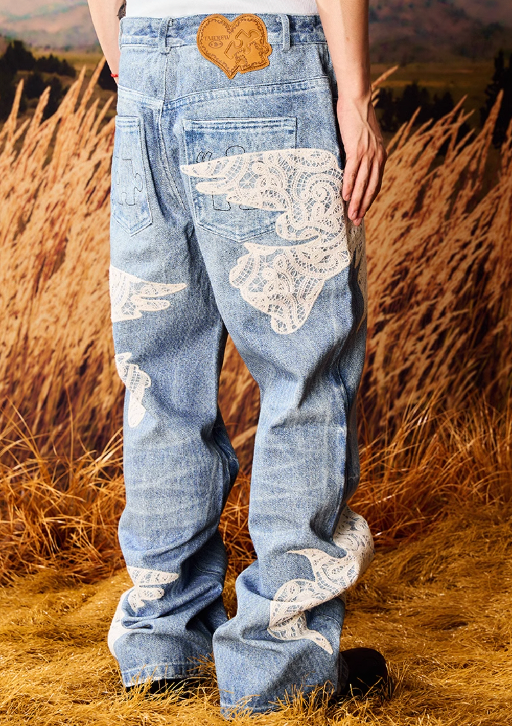 YADcrew Lace Peace Dove Patch Embroidery Print Jeans
