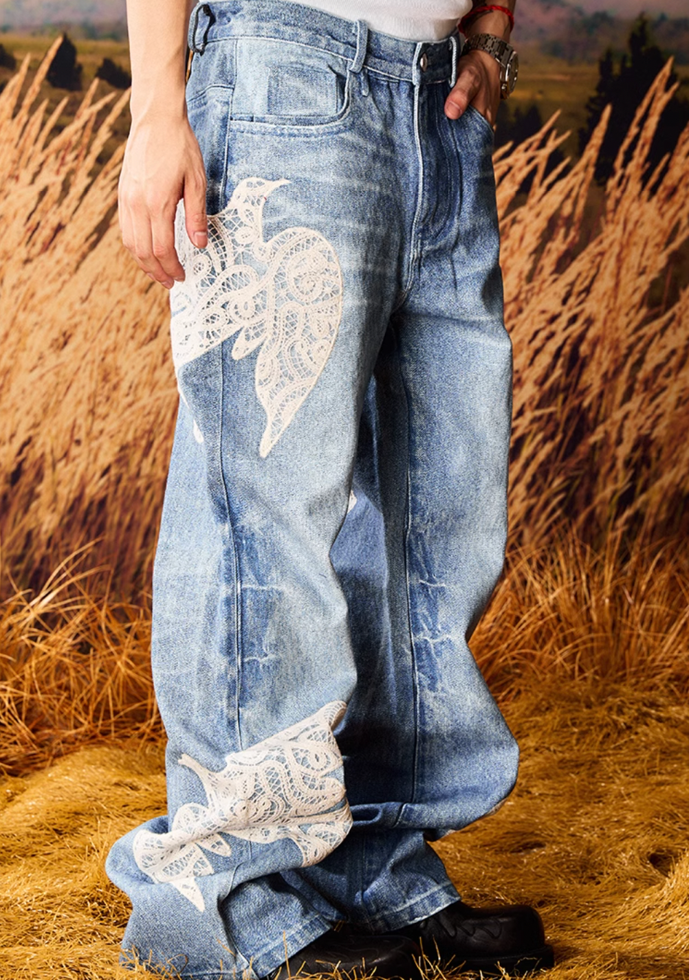 YADcrew Lace Peace Dove Patch Embroidery Print Jeans