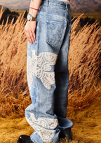 YADcrew Lace Peace Dove Patch Embroidery Print Jeans