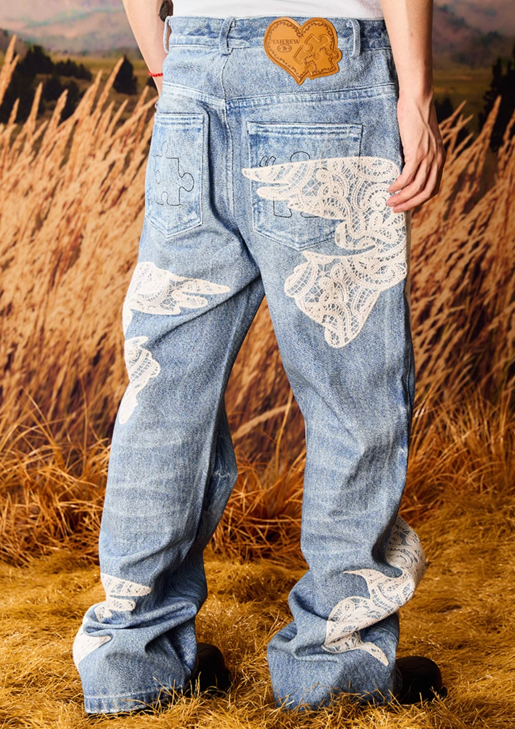 YADcrew Lace Peace Dove Patch Embroidery Print Jeans