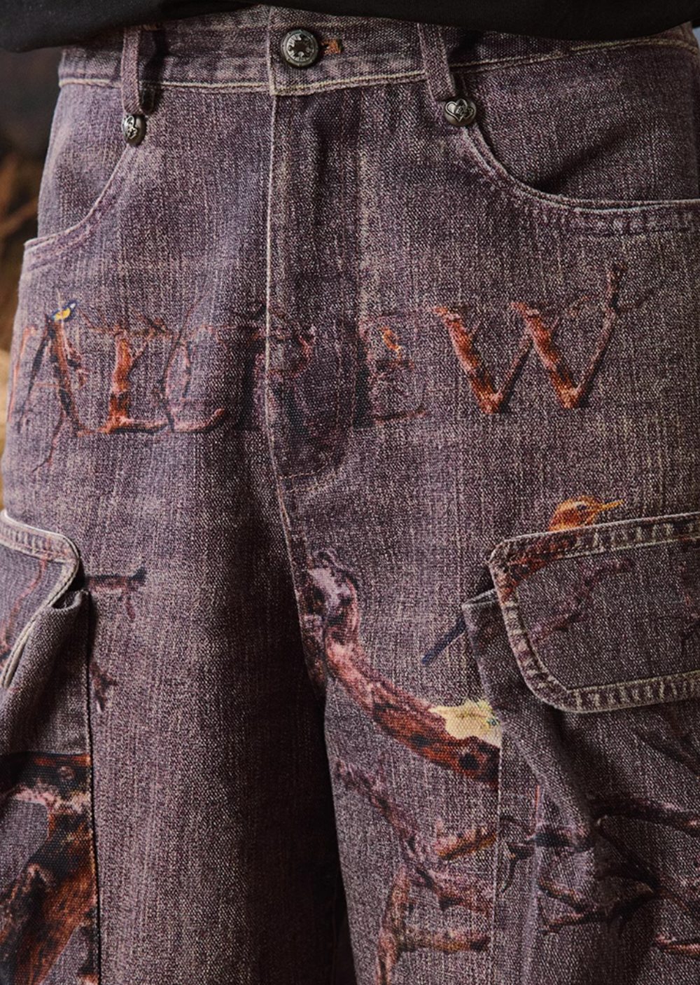 YADcrew Autumn Forest Tree Branch Print Baggy Cargo Jeans