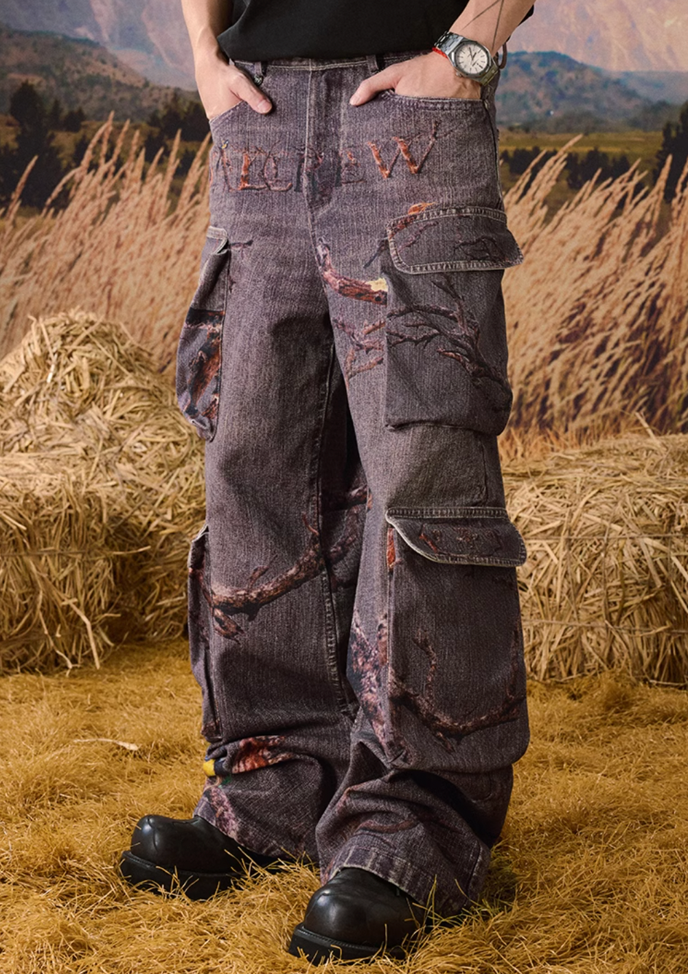 YADcrew Autumn Forest Tree Branch Print Baggy Cargo Jeans