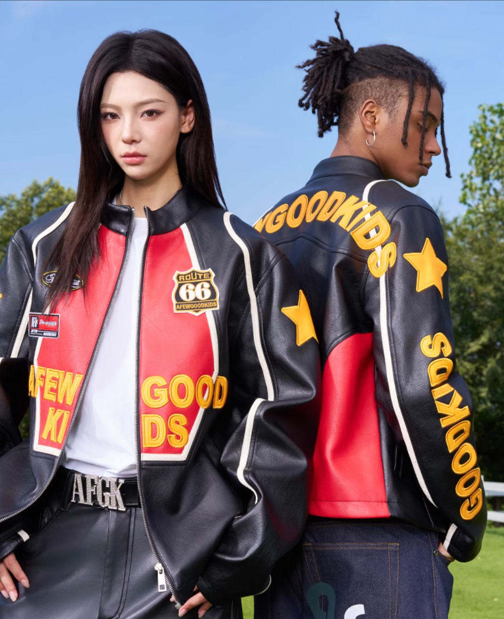 AFGK Badge Stitching Leather Racing Jacket