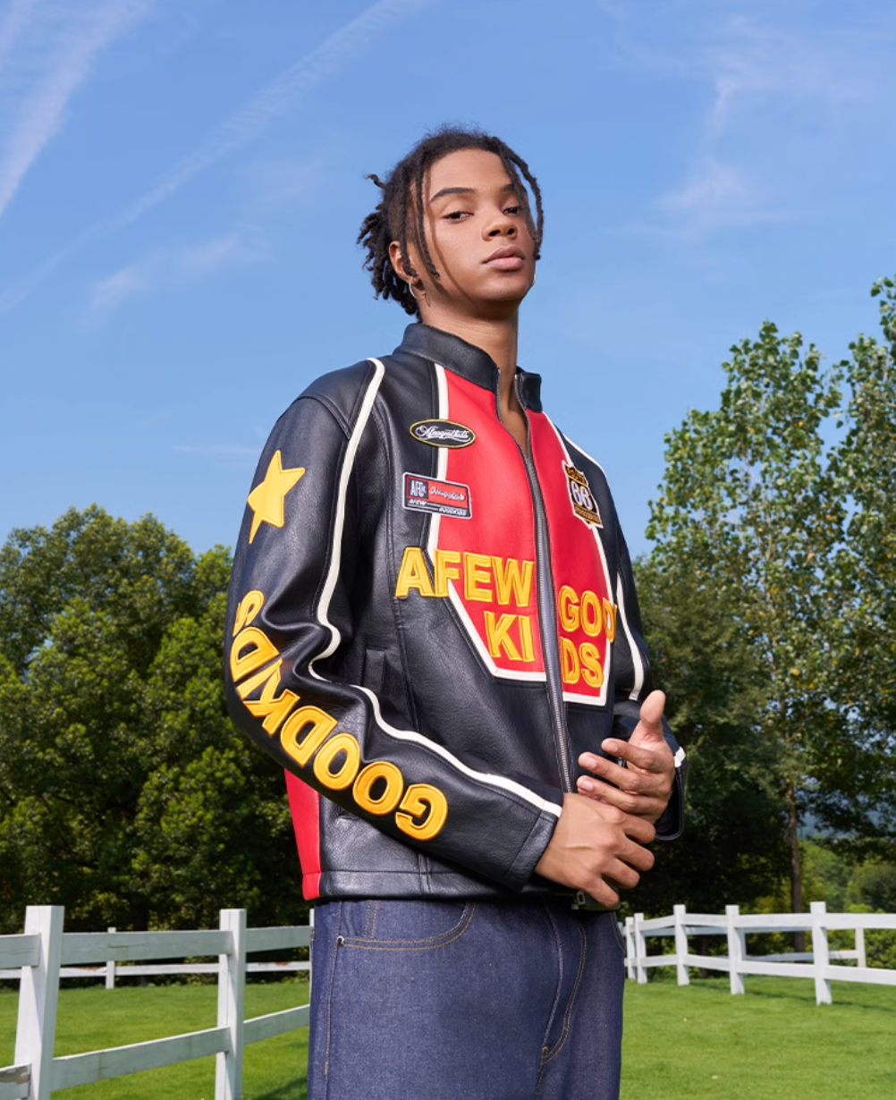 AFGK Badge Stitching Leather Racing Jacket