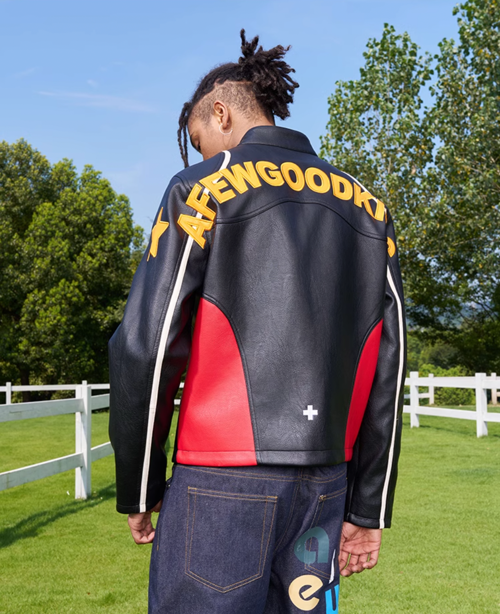 AFGK Badge Stitching Leather Racing Jacket