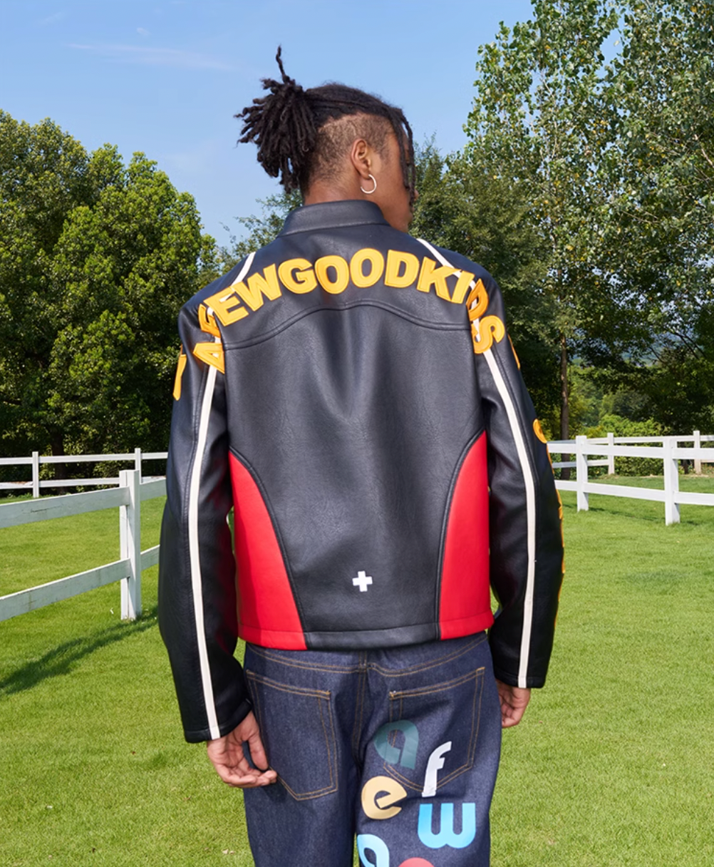 AFGK Badge Stitching Leather Racing Jacket